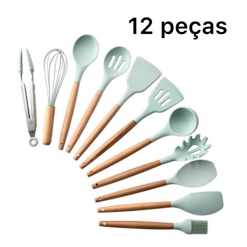 Utensílios Para Cozinha De Silicone Com Cabo Em Madeira