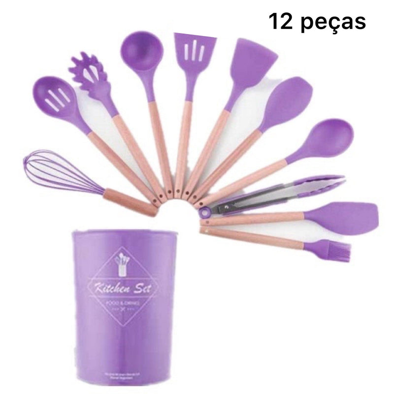 Utensílios Para Cozinha De Silicone Com Cabo Em Madeira