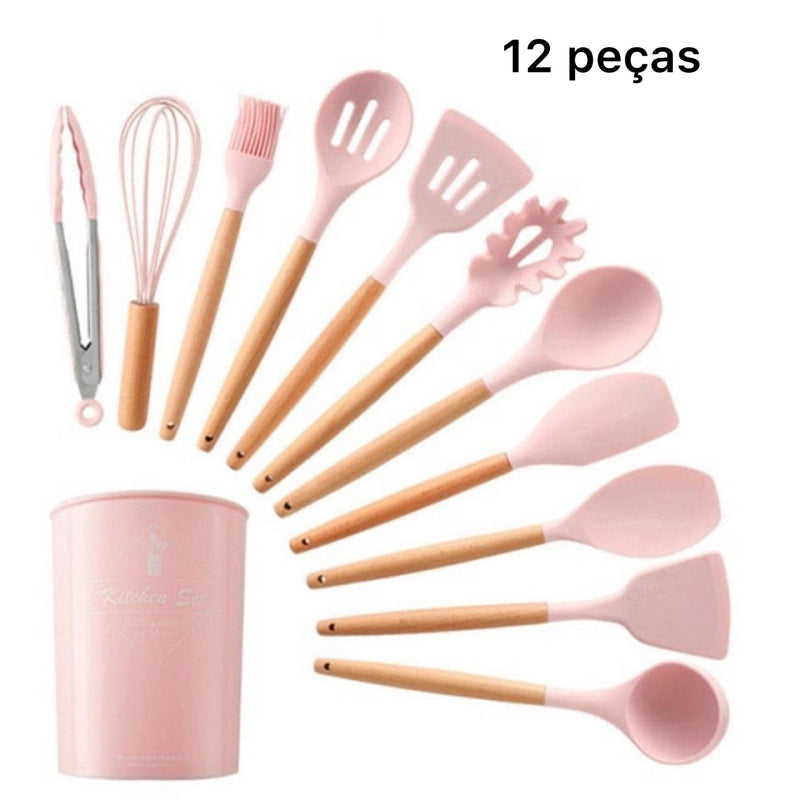 Utensílios Para Cozinha De Silicone Com Cabo Em Madeira