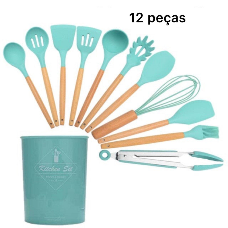 Utensílios Para Cozinha De Silicone Com Cabo Em Madeira