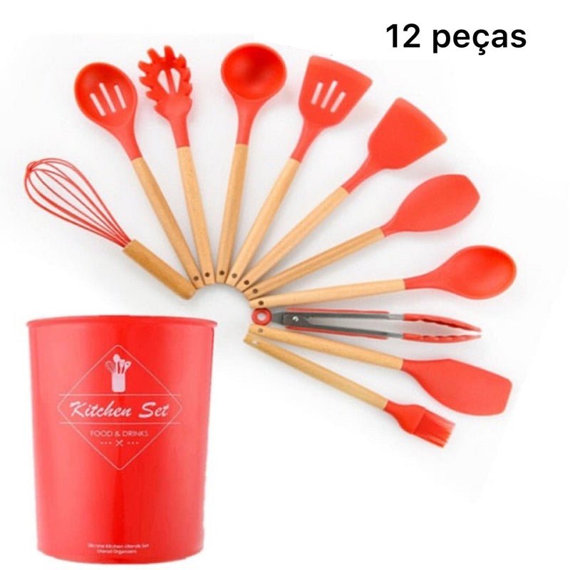 Utensílios Para Cozinha De Silicone Com Cabo Em Madeira