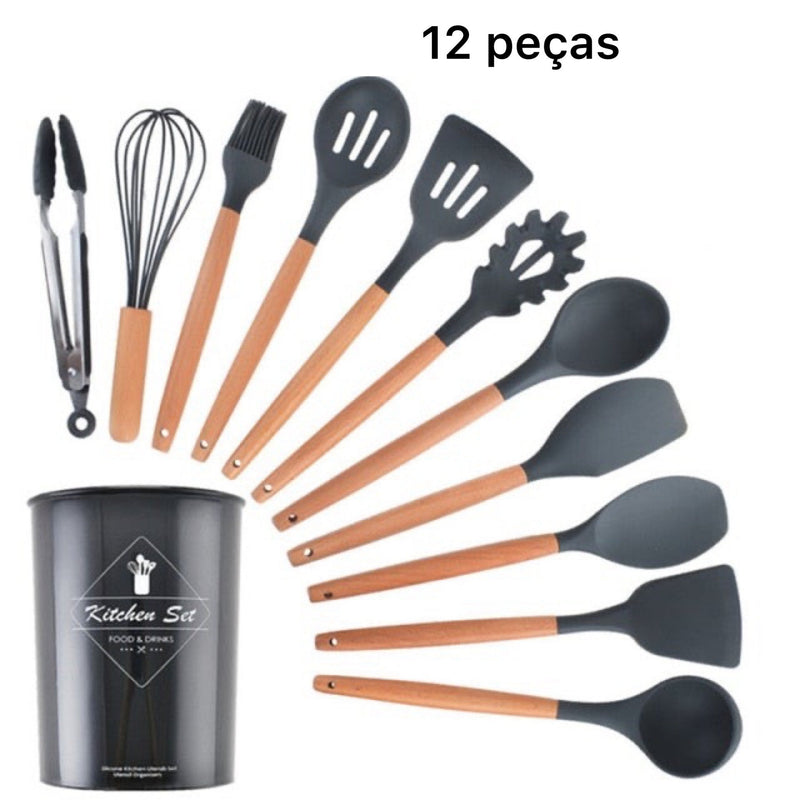 Utensílios Para Cozinha De Silicone Com Cabo Em Madeira