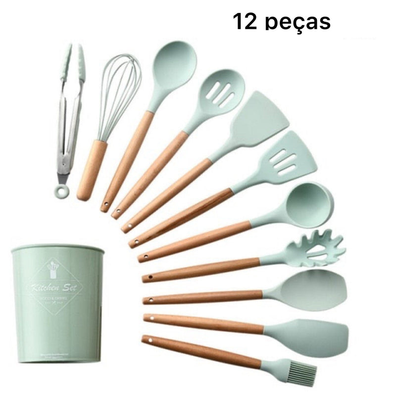 Utensílios Para Cozinha De Silicone Com Cabo Em Madeira