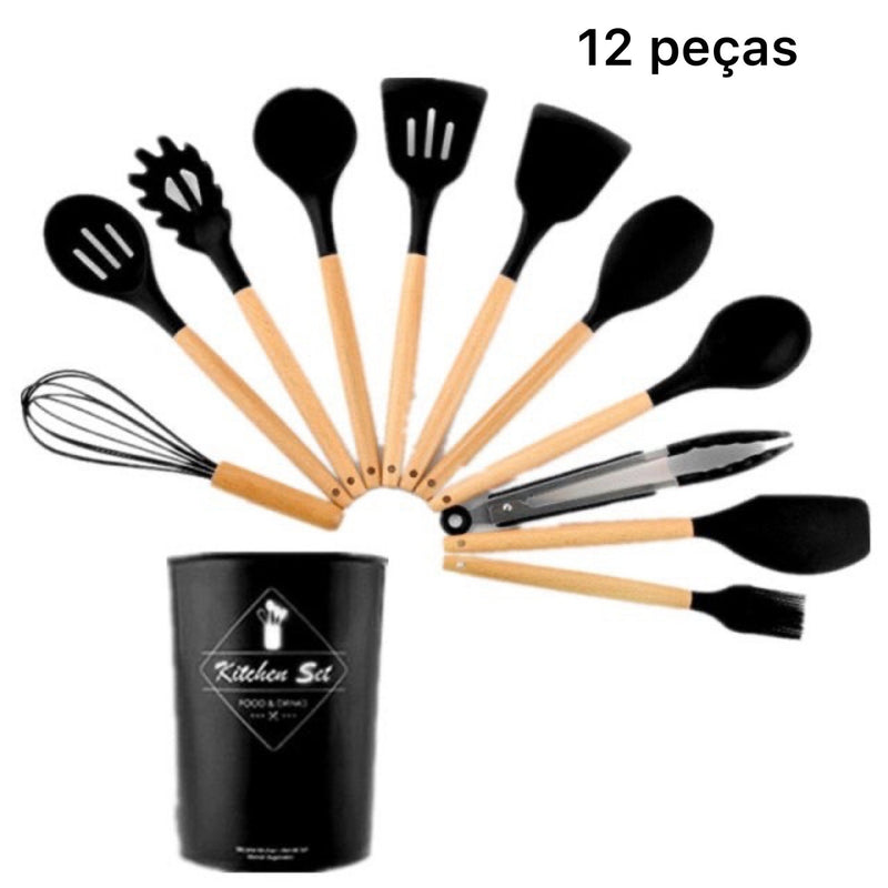 Utensílios Para Cozinha De Silicone Com Cabo Em Madeira